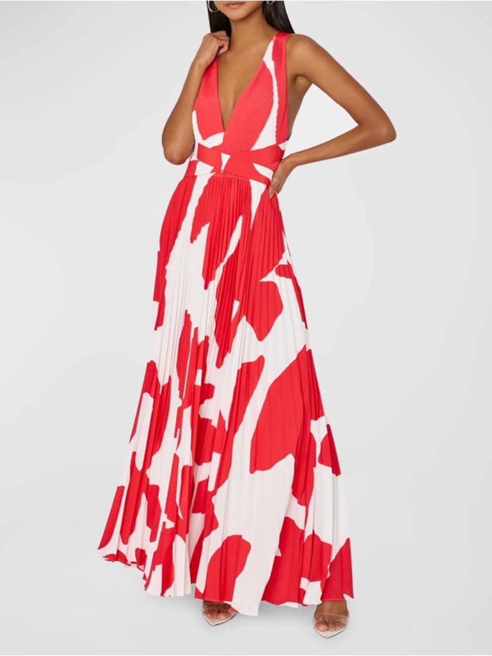 Milly Oria Grand Foliage Pleated / Plisse Deep V-Neck Maxi Dress Size 10